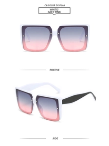 Detail of square white sunglasses with grey to pink gradient lenses and wide temples