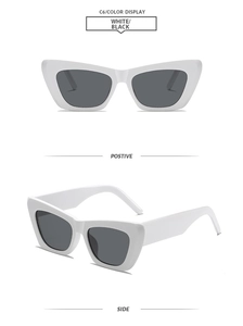 Vues de face et de côté de lunettes de soleil œil-de-chat blanches à verres foncés
