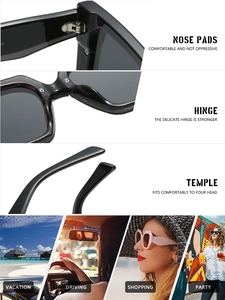 Detail view of square sunglasses showing nose pads, hinges, and casual lifestyle scenes