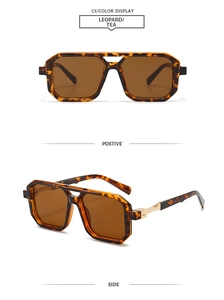 Detail view of leopard print square aviator sunglasses with tea lenses and gold hinges