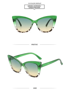 Detailed front and side view of cat-eye sunglasses with green leopard frames and gradient lenses