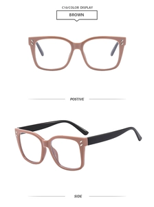 Detail view showing brown square frame sunglasses and black temples from multiple angles