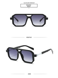 Front and side view of square aviator sunglasses with purple gradient lenses