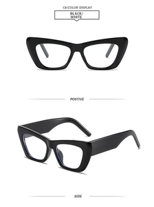 Détails de lunettes de soleil œil de chat noires avec vues de face et de profil sur blanc