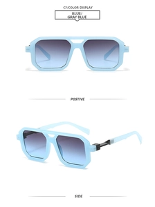 Detail view of light blue square double-bridge pilot sunglasses with gradient lenses