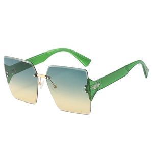 Fashion square rimless sunglasses with gradient lenses and green transparent temples