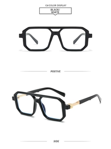 Front and side view of square pilot glasses with black frames and gold metal temples