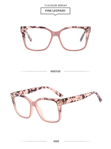 Detail view of pink leopard square glasses frame with metallic hinge accents and side view