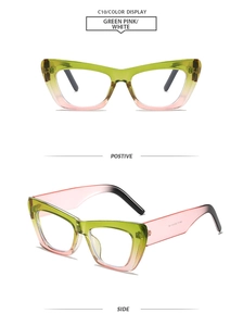 Vue détaillée des lunettes de soleil carrées cat-eye avec monture dégradée vert et rose