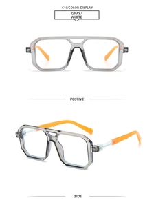 Detailed views of square aviator sunglasses with transparent grey frames and orange temples