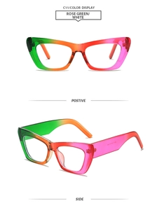 Vue détaillée de lunettes yeux de chat carrées tendance avec monture en résine dégradée colorée