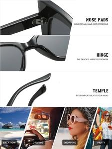 Detail view of cat eye sunglasses with metal hinges, integrated pads, and lifestyle scenes