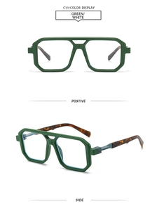 Detail view of square pilot frame glasses in green finish with tortoiseshell temples