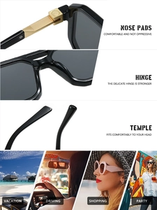 Detailed views of square aviator sunglasses with sturdy gold hinges and lifestyle usage