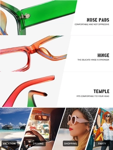 Détails de lunettes de soleil œil-de-chat carrées avec verres dégradés et plaquettes