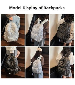 Detailed views of quilted puffer backpack showing side pockets and padded straps
