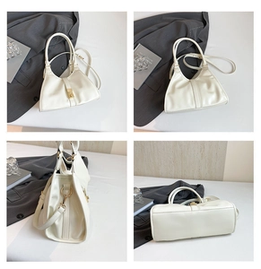 Detailed views of the beige PU leather handbag with gold buckle and shoulder strap