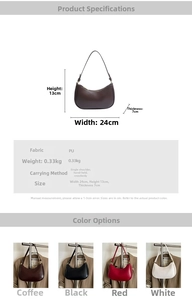 Detailed size chart and four-color comparison for the crescent PU leather shoulder bag