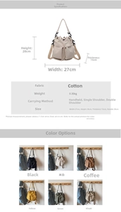 Detailed size chart for minimalist canvas bucket bag with dimensions and multi-color options