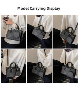 Detail view of dark grey marble pattern tote bag set with round coin purse accessory