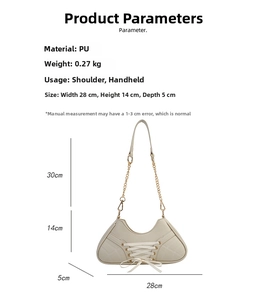 Detailed view of apricot ballet-style PU shoulder bag with bow lacing and gold chain