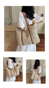 Macro detail of hollow floral straw weaving with brown leather straps on a tote