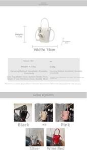 Detailed size chart for the PU mini bucket bag including dimensions and color options
