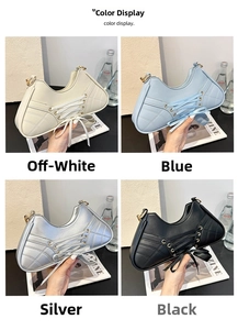Close-up showing four colors of ballet-style handbag with ribbon lacing details