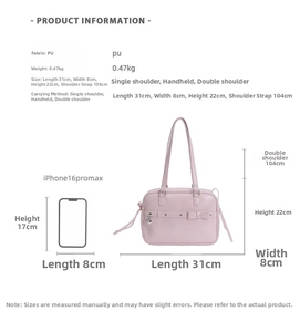 Detailed size specification chart for pink PU leather messenger bag with metal heart charm