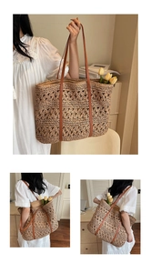 Detail of hollow star pattern on a large straw tote bag with brown leather straps