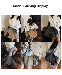 Detail view of large canvas tote bag with leather straps and mini pouch in neutral colors