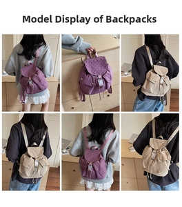Detail of corduroy backpack showing ribbed texture and metal buckle on purple and beige bags
