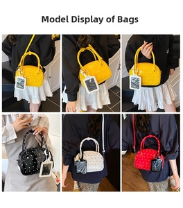 Collage of glossy women's bowling bags with heart patterns in yellow, black, cream, and red