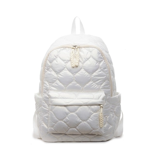 White quilted puffer backpack with embroidered stitch pattern and front zipper pocket