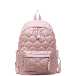Fashionable pink quilted puffer backpack with diamond stitching and front zipper pocket