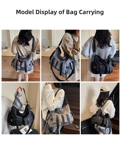 Detail of grey multi-pocket nylon tote bag showing adjustable straps and utility design