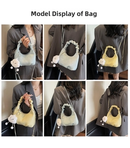 Detail shots showing the ruched handle and metal chain of the blue and yellow cloud bags