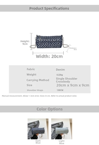 Detail view of denim rivet round bag with size chart and pearl crossbody strap length