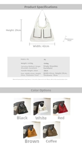 Size chart showing large PU leather tote dimensions 42x29x19cm and five color options