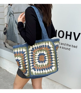 Detail of bohemian crochet tote bag featuring colorful knit mandala floral patterns