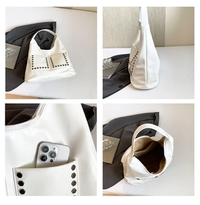 Detailed views of white PU leather tote bag with rivet pockets and interior phone storage