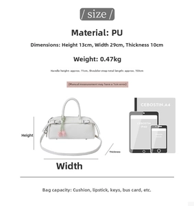 Detailed size specifications of white PU leather baguette bag with dimension markings