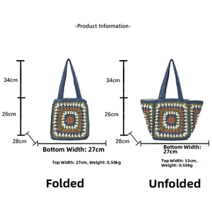 Detailed size specifications for handmade crochet tote bag with flower pattern