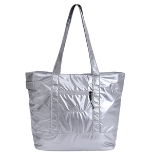 Metallic silver large tote bag with top handles and front zipper pocket detail