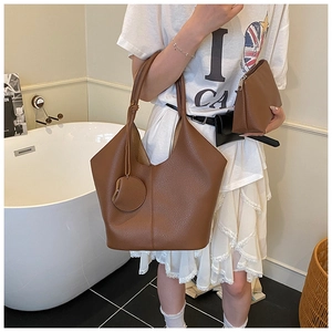 Brown litchi grain tote bag 3-piece set featuring large bucket bag and round coin purse