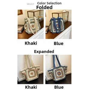 Detail of handcrafted granny square crochet tote bags in khaki and blue floral designs