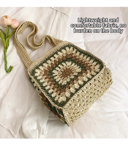 Detail of bohemian hand-crocheted tote bag with intricate floral mandala pattern