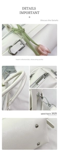 Detailed views of white lychee leather texture, zipper, and hardware of a handbag