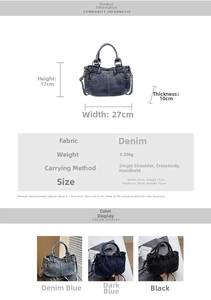 Tabella taglie dettagliata e specifiche per la borsa tote in denim vintage in tre colori