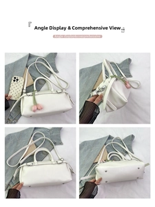 Detailed four-angle view of white litchi pattern leather handbag with tulip charm detail